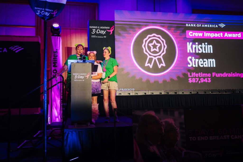 Kristin S. was honored as Top Crew Fundraiser and also received the Crew Impact Award at the 2026 Boston 3-Day.