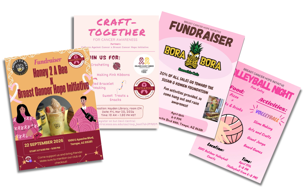 Three flyers promoting Breast Cancer Hope Initiative fundraising events, including a Honey 2 A Bee coffee fundraiser, a craft-together event, and a volleyball night.