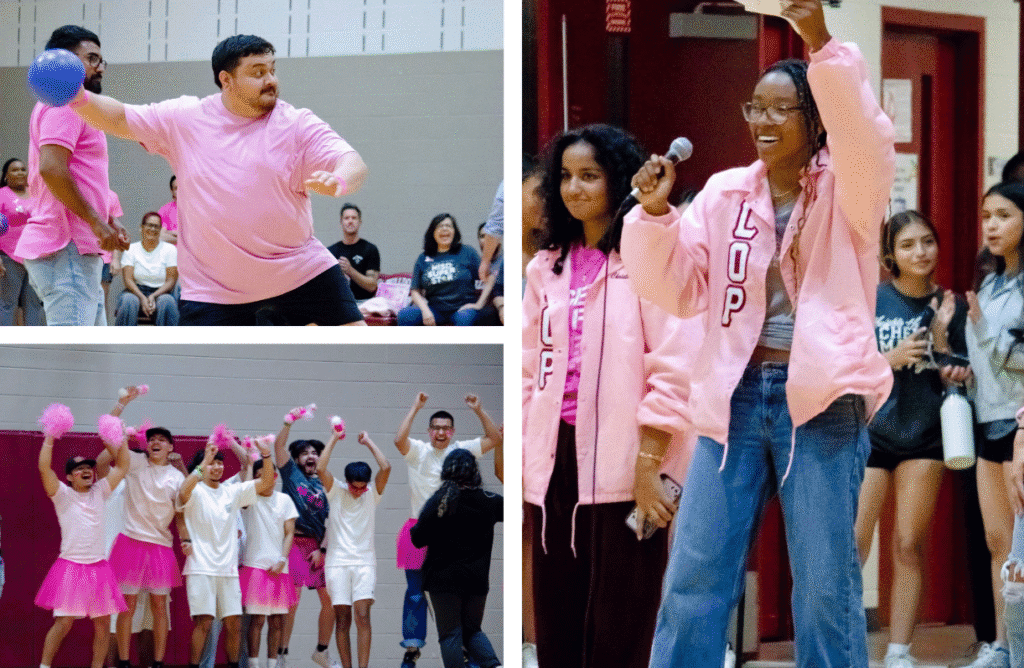 A collage shows people at a school event for a Go Pink for the Cure breast cancer fundraiser: top left, a man in pink ready to throw a dodgeball; bottom left, a cheering group in pink and white; right, two women in pink jackets, one speaking into a microphone.