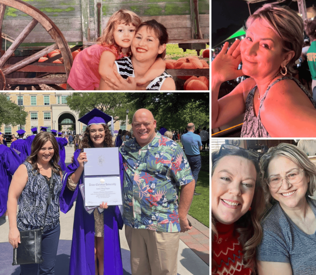 A collage showing a mother with her daughter as a child, at graduation, smiling with family, and taking selfies in casual settings captures cherished memories that become especially meaningful after losing a mom to breast cancer.