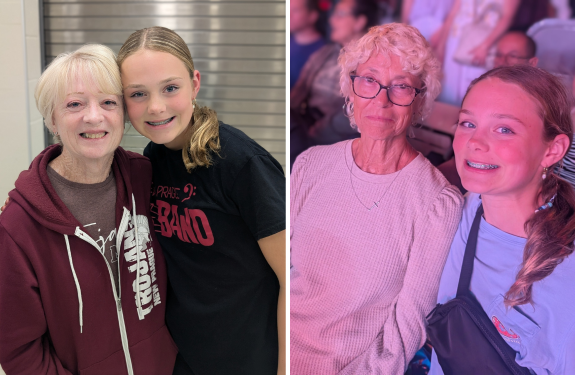 Two photos side by side: On the left, an older woman with short white hair and glasses sits next to a smiling girl with long hair and braces. On the right, a different older woman stands beside the same smiling girl.