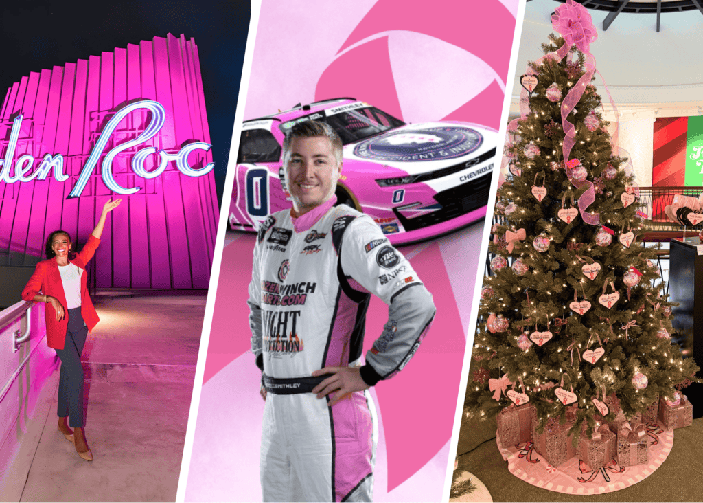 A collage shows a woman posing by a pink neon sign, a racecar driver with a pink car, and a Christmas tree decorated with pink ornaments and ribbons—capturing the vibrant spirit of national breast cancer awareness month.