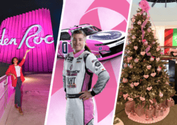 A collage shows a woman posing by a pink neon sign, a racecar driver with a pink car, and a Christmas tree decorated with pink ornaments and ribbons—capturing the vibrant spirit of national breast cancer awareness month.
