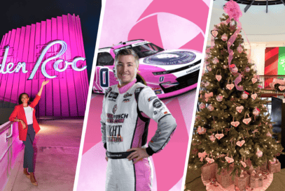 A collage shows a woman posing by a pink neon sign, a racecar driver with a pink car, and a Christmas tree decorated with pink ornaments and ribbons—capturing the vibrant spirit of national breast cancer awareness month.