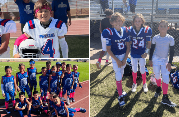 A collage of youth football players in blue and white "Spartans" uniforms, some wearing pink accessories for a youth sports breast cancer fundraiser, posing on a field and track with teammates and smiling for the camera.
