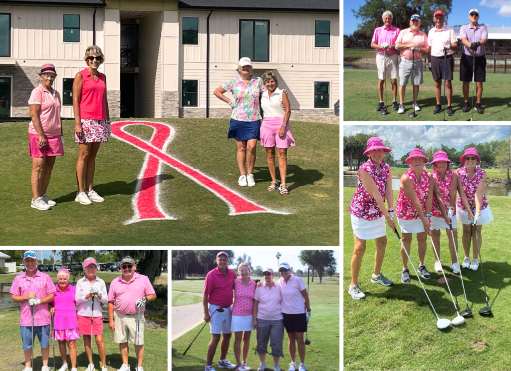 A collage of groups of older adults in pink golf attire, some standing near a large pink ribbon painted on grass, symbolizing a sunny golf breast cancer fundraiser at a golf course.