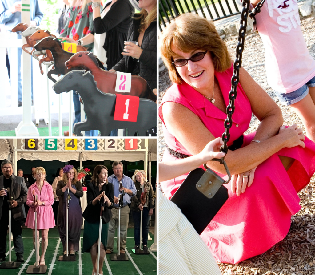 Collage: top left, people watch a tabletop horse race game at the Double D Derby; bottom left, people cheer at the race during the breast cancer fundraiser; right, a woman in a pink dress and sunglasses smiles while holding a swing at a playground.