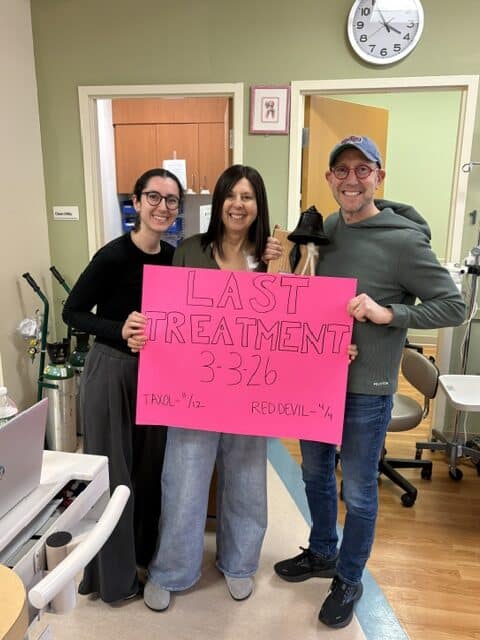 Paula L. on her last day of chemotherapy.