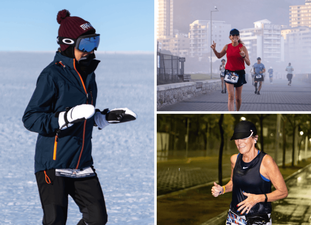 A collage of three images shows a woman running in the World Marathon Challenge as a breast cancer fundraiser: one on snow in heavy winter gear, one on a misty urban path in a red shirt, and one at night in a sleeveless top, smiling and sweating.