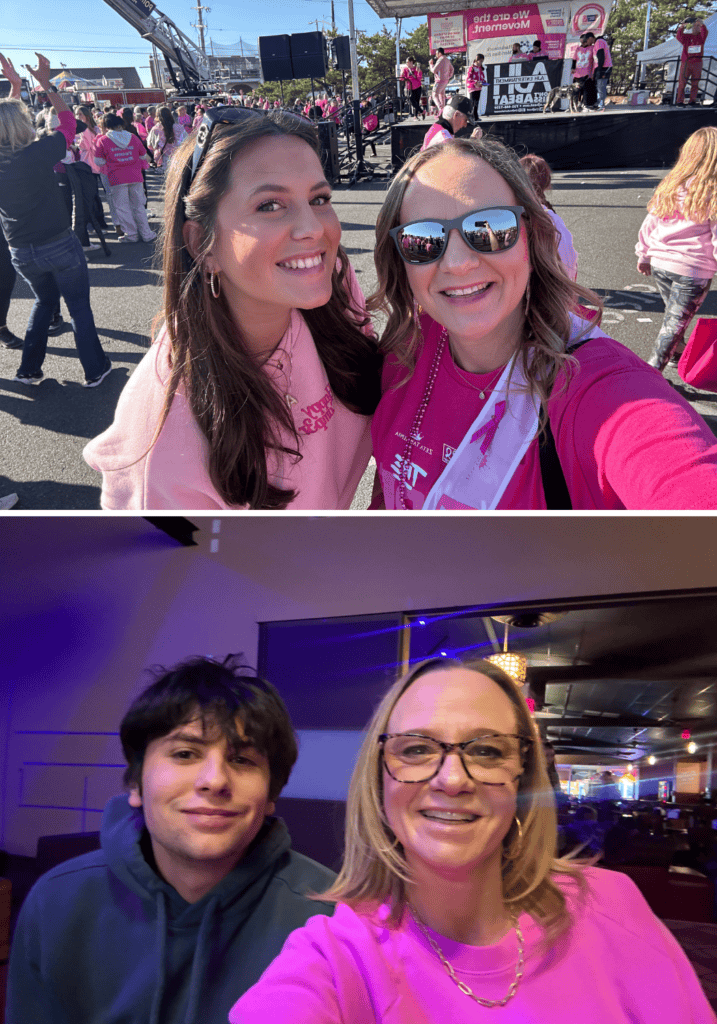 Top: Two women in pink smile at a school breast cancer walk. Bottom: A woman in pink and a young man sit together indoors, smiling at the camera.