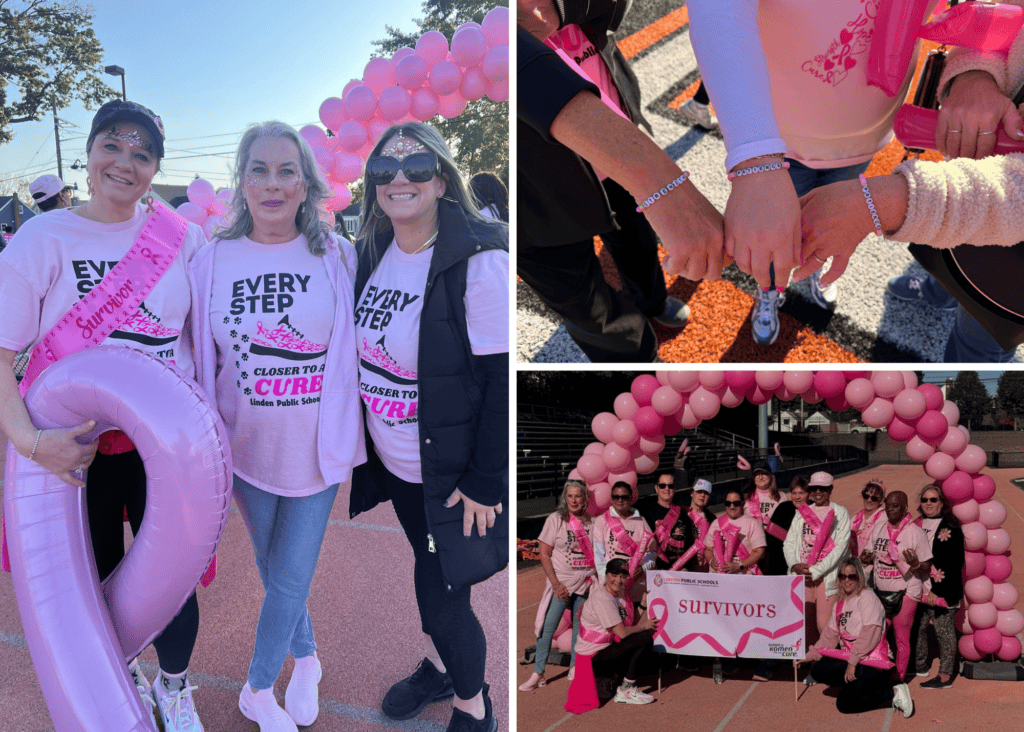 A collage shows: left, three women at a school breast cancer walk wearing pink and holding a ribbon; top right, close-up of women linking hands with survivor bracelets; bottom right, group posing with a pink “Survivors” banner and balloons.