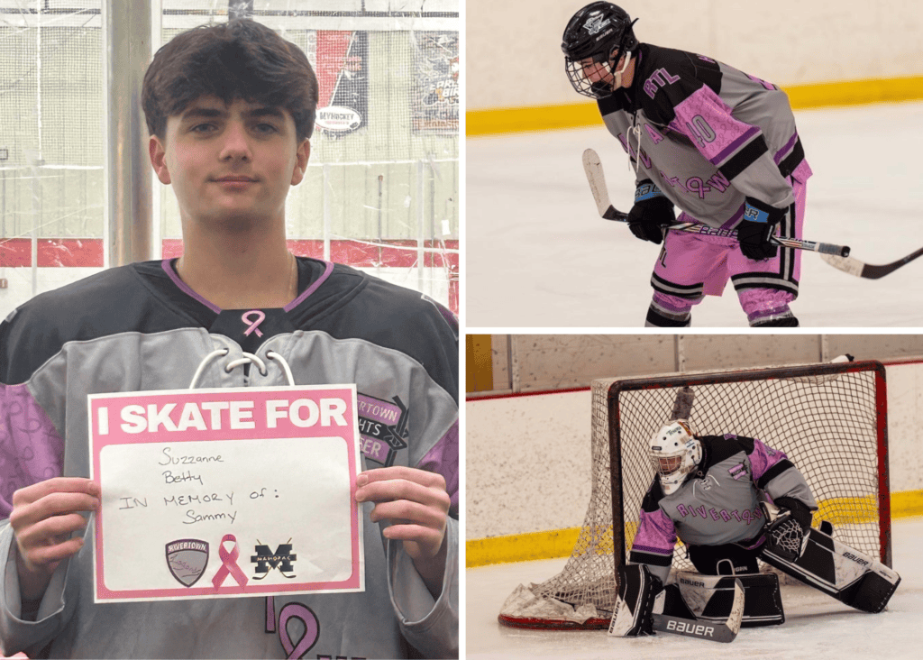 A teenage hockey player in a pink and gray jersey holds a sign reading, “I skate for Suzanne, Beth. In memory of Sammy” at a hockey breast cancer fundraiser. Two more images show players in matching jerseys skating and goalkeeping on the ice.