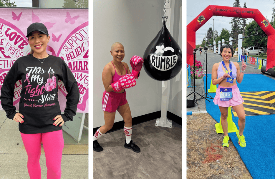 Three photos of a smiling breast cancer survivor with short hair: wearing a “This is My Fight Shirt” sweatshirt, boxing in pink gear with a punching bag, and posing in a pink outfit with a race medal at the finish line.
