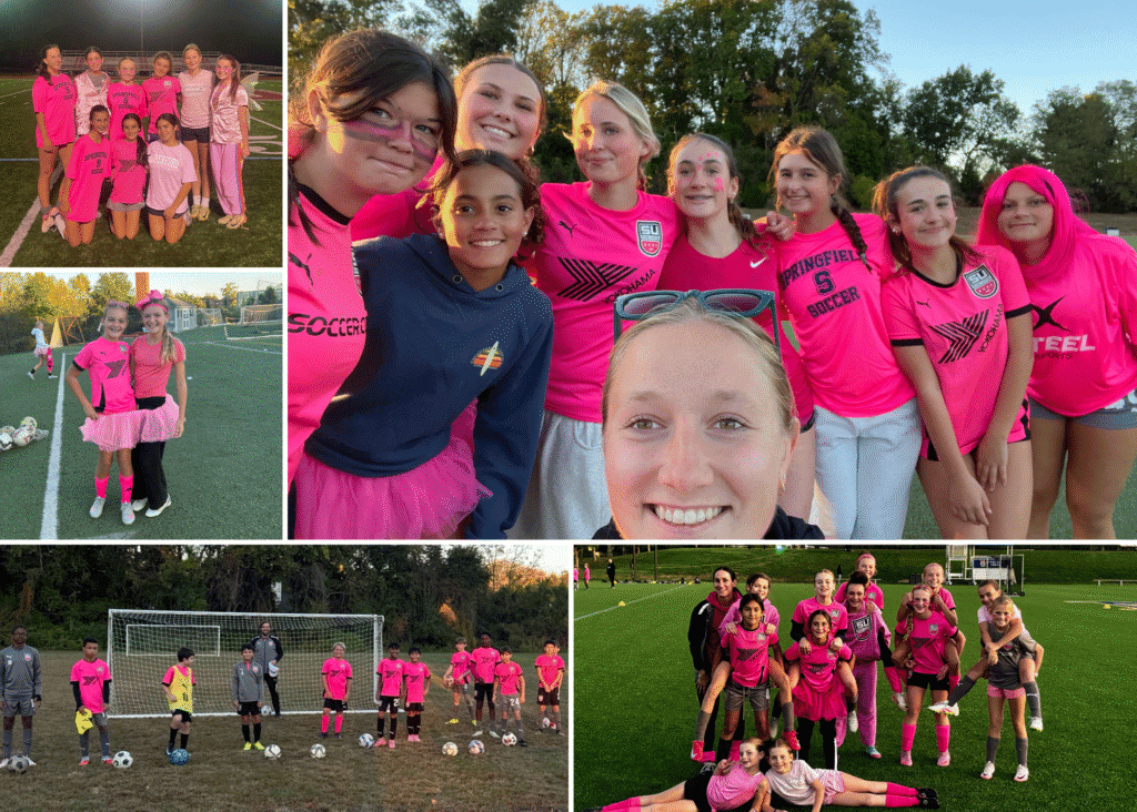 A collage of youth soccer teams posing on a field in pink jerseys and accessories, celebrating together at a soccer breast cancer fundraiser. Smiling players and coaches fill the lively, outdoor scenes during daylight and sunset.