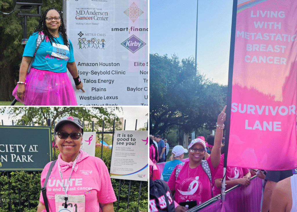 A collage shows a woman living with metastatic breast cancer at different Komen Race for the Cure breast cancer events. In one, she stands by a sponsor board; another she smiles by a park sign; and the third features her with her hand pointing toward a banner that reads “Living With Metastatic Breast Cancer Survivor Lane." 