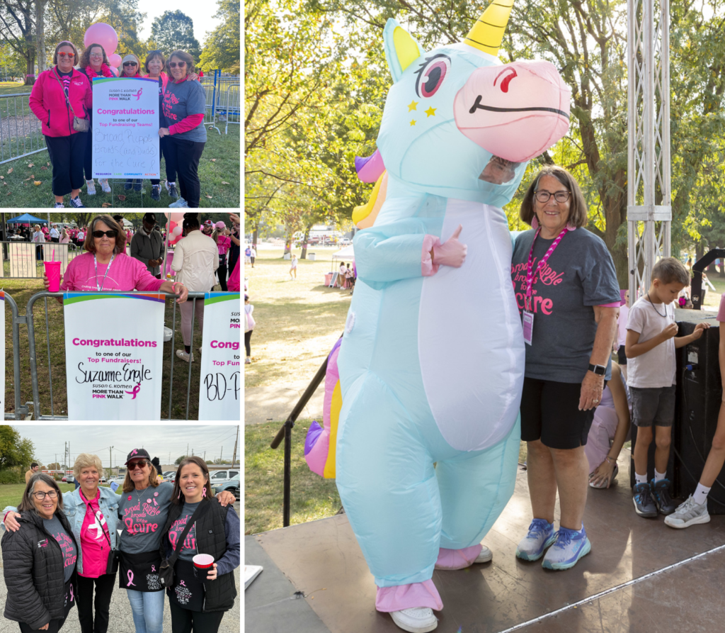 A collage showing participants at the MORE THAN PINK Walk breast cancer awareness event, including a large unicorn mascot, women in pink and gray shirts, congratulatory signs celebrating a breast cancer survivor, and smiles under sunny trees.