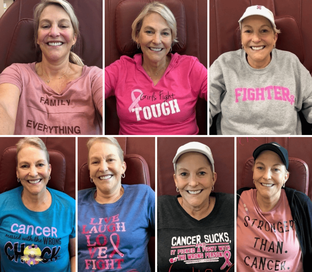 A woman smiles in seven photos, each wearing a different shirt with supportive cancer messages such as “Family is everything,” “Fighter,” “Cancer sucks,” and “Stronger than cancer”- bringing inspiration and hope to those facing metastatic breast cancer.