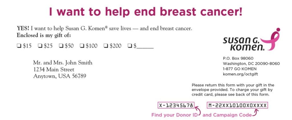 Susan G. Komen - find donor ID and campaign code example