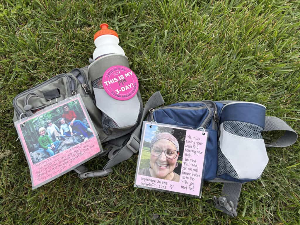 Sheryl M. walks the Komen 3-Day with her packs carrying special messages for her mother and friend, Irene.